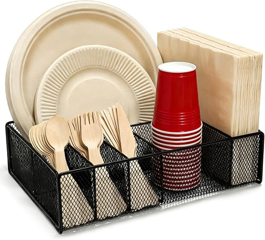 Paper Plate Organizer for Countertop - Metal Utensil Caddy Silverware Holder Cutlery Flatware Plastic Spoon Fork Plates Napkins Cup Storage Dispenser Party Picnic Essentials Camping Supplies