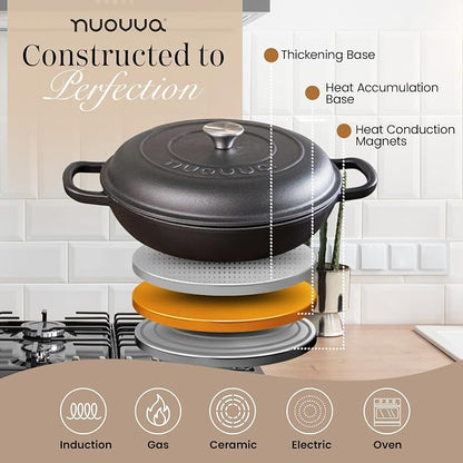 Shallow Cast Iron Casserole with Lid – Non Stick Dutch Oven Pot, Oven Safe up to 500° F – Sturdy Ovenproof Stockpot Cookware – Enamelled Cooking Pot – Black, 5-Quart, 32cm – by Nuovva
