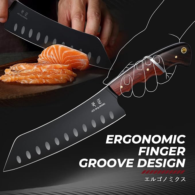 DRGSKL Santoku Knife 7 Inch - Japanese Chef Knife for Fish, Bunka Knife for Meat, Kiritsuke Knife for Vegetables, Black Slicing Knives with Full Tang Handle, Gift for Men Women
