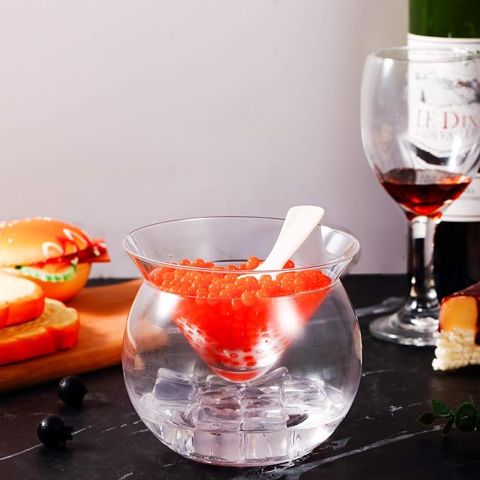 Glass Caviar Serving Set with 4 Pcs Mother of Pearl Spoons 3.2 Inch Caviar Dish Chiller Server Set with Ice Holder for Egg, Ice Cream, Coffee, Restaurant Serving