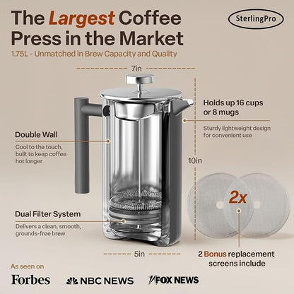 SterlingPro Extra Large Insulated Stainless Steel French Press Coffee Maker 59oz – Insulated Metal XL Double Wall Coffee Maker | Plastic Free | Cool-Touch | Grey Finish | Makes up to 16 cups / 8 mugs