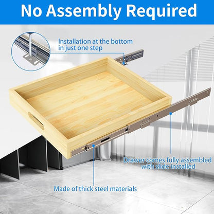 2 Set Pull Out Cabinet Organizer, Soft Close Slide Out Wood Drawer Storage Shelves for Kitchen, Base Cabinet Organization for Pantry, Finished, Heavy-Duty, Bottom Assembly (15” W x 21” D)
