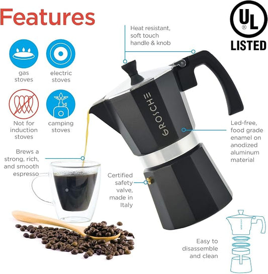 GROSCHE Milano Stovetop Espresso Maker Moka Pot Cuban Coffee Maker Stovetop Coffee Maker Moka Italian Greca Brewer Percolator | 6 Espresso Cup, Black