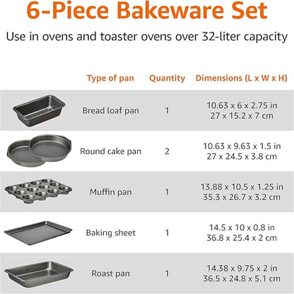 Amazon Basics 6 Piece Nonstick Carbon Steel Bakeware Set with Cake, Muffin, Cookie, and Loaf Pans, Easy Release, Oven Safe, 16.25 x 11.75 x 6.25 inches