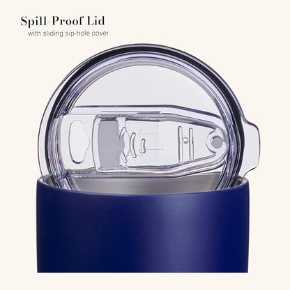 Christian Art Gifts Large Insulated Stainless Steel Travel Mug Tumbler for Men & Women: Strong & Courageous Uplifting Scripture, Double Wall Vacuum Sealed, Retractable Lid, Navy Blue & Silver, 18 oz.