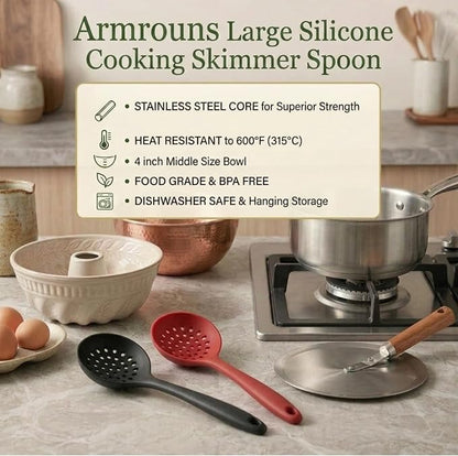 Skimmer Slotted Spoon 2PC Set, Heat Resistant 600 °F Slotted ladle Spoons For Kitchen Cooking. (Black & Red)