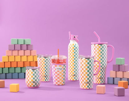 Swig Life 22oz Travel Mug, Insulated Tumbler with Handle and Lid, Cup Holder Friendly, Dishwasher Safe, Stainless Steel, Checkered Tumbler with Handle (Check Mate)