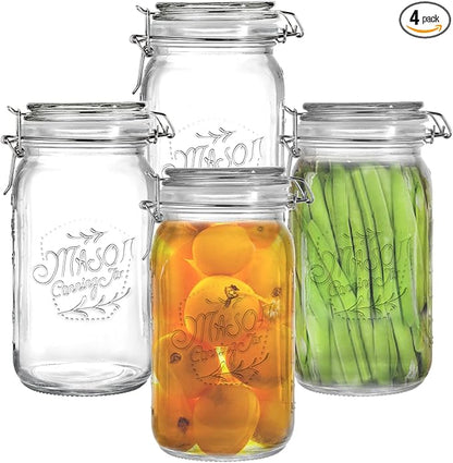 Tebery 4 Pack Clear Wide Mouth Glass Mason Jars with Airtight Clamp Lids, 32Oz Glass Storage Containers Large Kitchen Canisters for Food, Flour, Pasta, Coffee, Candy, Dog Treats, Snacks & More