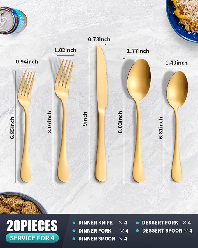 Matte Gold Silverware Set with Steak Knives,Stainless Steel Flatware Set for 6,Modern Cutlery Utensils Set,Spoons and Forks Set for Restaurant,Dishwasher Safe (Gold, 20 Piece Set)