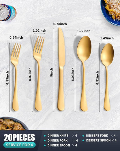 Matte Gold Silverware Set with Steak Knives,Stainless Steel Flatware Set for 6,Modern Cutlery Utensils Set,Spoons and Forks Set for Restaurant,Dishwasher Safe (Gold, 20 Piece Set)