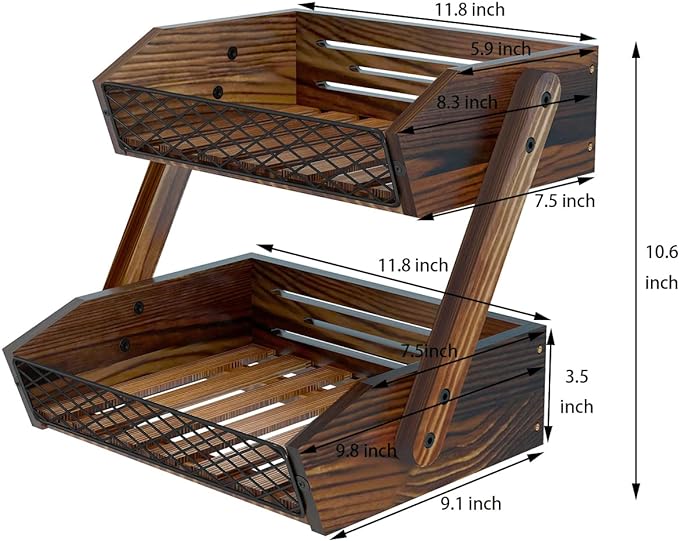 Dorhors Fruit Basket for Kitchen,Fruit Bowl,Kitchen Counter Organizer,Wooden Vegetable Holder for Countertop,Bread Storage Basket Stand(2 Tier)