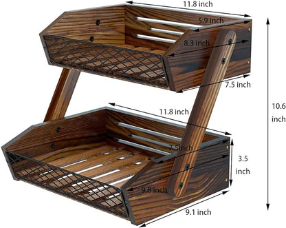 Dorhors Fruit Basket for Kitchen,Fruit Bowl,Kitchen Counter Organizer,Wooden Vegetable Holder for Countertop,Bread Storage Basket Stand(2 Tier)