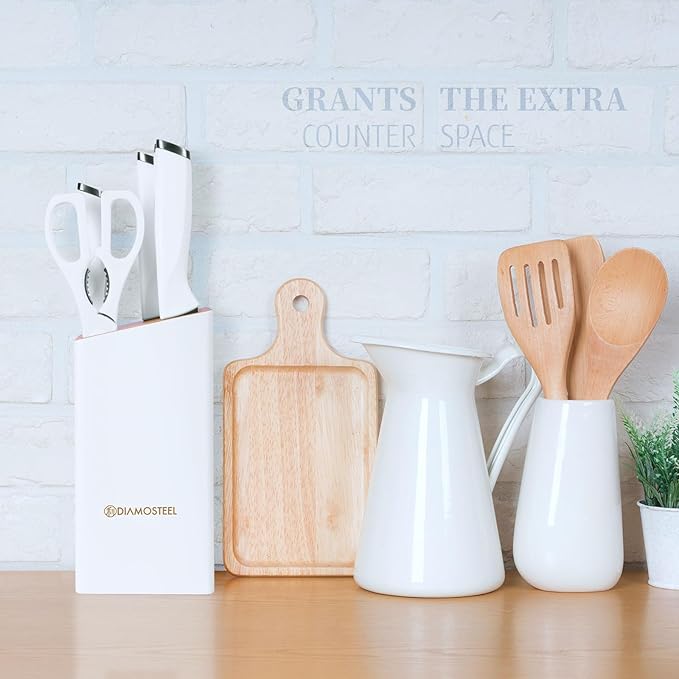 White Knife Set with Block, 7 Pieces Small Knife Block Set with Stainless Steel Blade Ergonomic Handle, Kitchen Knives Set Gifts for Chef