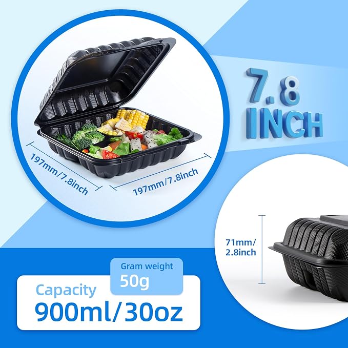 YANGRUI 65-Pack 30oz Black Takeout Containers - Shrink Wrapped No Pre-Wash | 3-Compartment Heavy Duty Mineral Filled PP, Microwave & Freezer Safe | Leak-Resistant Clamshell for Leftovers & Meal Prep