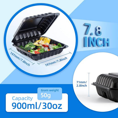 YANGRUI 65-Pack 30oz Black Takeout Containers - Shrink Wrapped No Pre-Wash | 3-Compartment Heavy Duty Mineral Filled PP, Microwave & Freezer Safe | Leak-Resistant Clamshell for Leftovers & Meal Prep