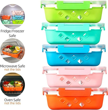 5 Pack Glass Meal Prep Containers 3 Compartment with Lids, Divided Glass Storage Containers with Silicone Sleeve for Lunch, Leak-Proof Portion Control Food Containers, Dishwasher Safe, 34 oz