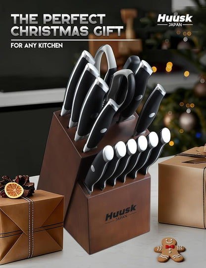 Huusk Knife Block Set - 14 Pieces Full Tang Japanese Kitchen Knives with Long-Lasting Edge & Natural Acacia Wood Block Ergonomic Knife Set as Elegant Gift for Men Women