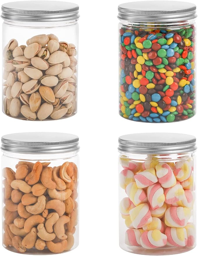 Tebery 16 Pack Clear Plastic Jars Bottles Containers with Silver Ribbed Lids 20oz Straight Cylinders Storage Canisters for Food & Home Storage