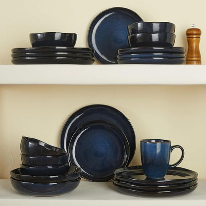 Pokini Plates and Bowls Sets, 16 Pieces Dinnerware Set for 4 with Pasta Bowls, Handmade Dishes Set, Chip Resistant Dishware Sets, Microwave Safe Dinner Set, Designed for Interactive Meals, Starry Blue
