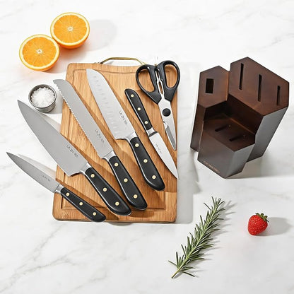 7 Piece Kitchen Knife Block Set, Stainless Steel Knives with Sharpener for Chopping, Dishwasher Safe (Black)