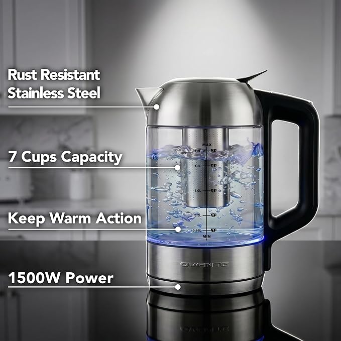 OVENTE Digital Glass Electric Kettle with Temperature Control, 1.8L Cordless Electric Tea Kettle with 7 Presets, Water Boiler Electric Pot, Keep Warm Function, Auto Shut-Off, Silver KGD752S