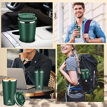 Insulated Travel Coffee Mug Reusable Coffee Tumbler Cup with Flip Lid Leak Proof Spill Proof for Office School Party Camping Hot and Cold Drink,Stainless Steel 17oz (Dark Green)