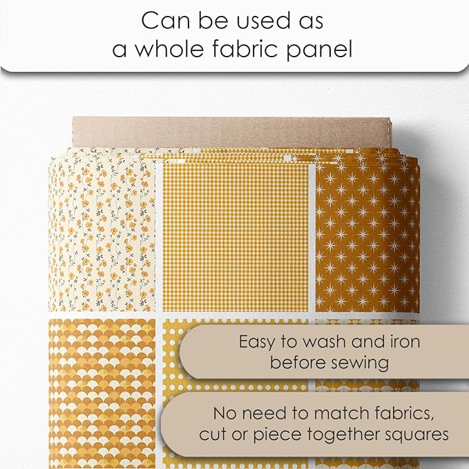 Cotton Satin Patchwork Fabric Panel – 35 Designs, 20×20 cm Squares, Single Piece 150×110 cm, Yellow Patchwork Quilt Fabric (Golden Harvest Patchwork Set, 35pcs 8x8 inch)