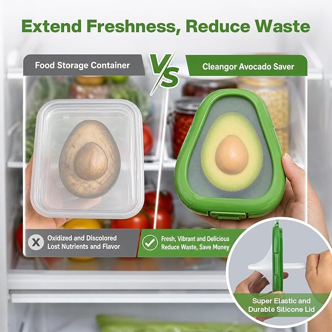 CLEANGOR Avocado Saver with Snap-On Lid, Silicone Food Saver, Reusable Individual Avocado Storage Container, Keep Avocadoes Fresh Longer, Reusable Kitchen Gadget, Dishwasher Safe (1, Green)