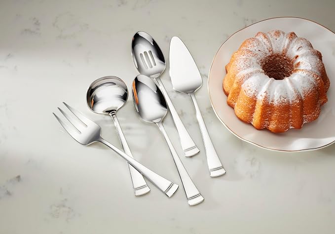 Lenox Silverware Serving Utensils Sets, Portola 5-Piece Hostess Set, Flatware Set, 18/10 Stainless Steel, Serving Spoons Fork Ladel & Pie Server, Mirror Finish Dishwasher Safe (Silver 5 Piece)