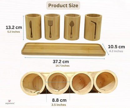 Bamboo Cutlery Holder Set - 4 kitchen Utensils Holder with Bamboo Tray | Decorative kitchen countertop Cutlery Stand | Utensil holder - knife, fork Spoon and Straw holders