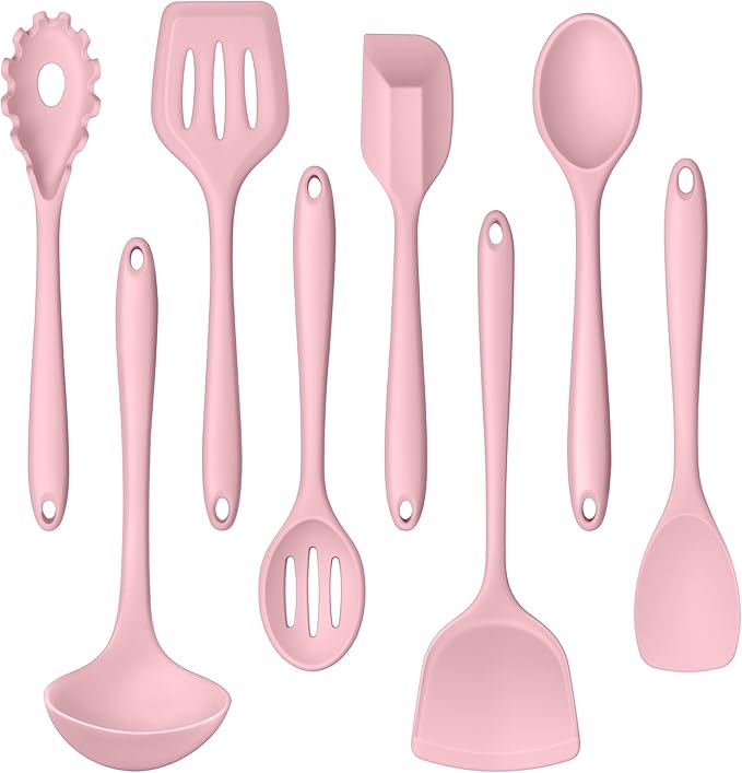 LIANYU Pink Silicone Cooking Utensils Set of 8, Non-Toxic Kitchen Utensils with Spatulas Spoons, Heat Resistant Non-Scratch Kitchen Tool, Healthy & Dishwasher Safe