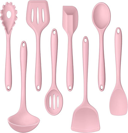 LIANYU Pink Silicone Cooking Utensils Set of 8, Non-Toxic Kitchen Utensils with Spatulas Spoons, Heat Resistant Non-Scratch Kitchen Tool, Healthy & Dishwasher Safe