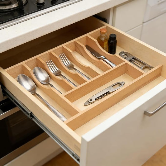 Silverware Drawer Organizer - Trim-to-Fit with Adjustable Dividers for Kitchen Utensil Storage, Beech Wood Frame with 11 Sizes (14.63" W x 22" D)