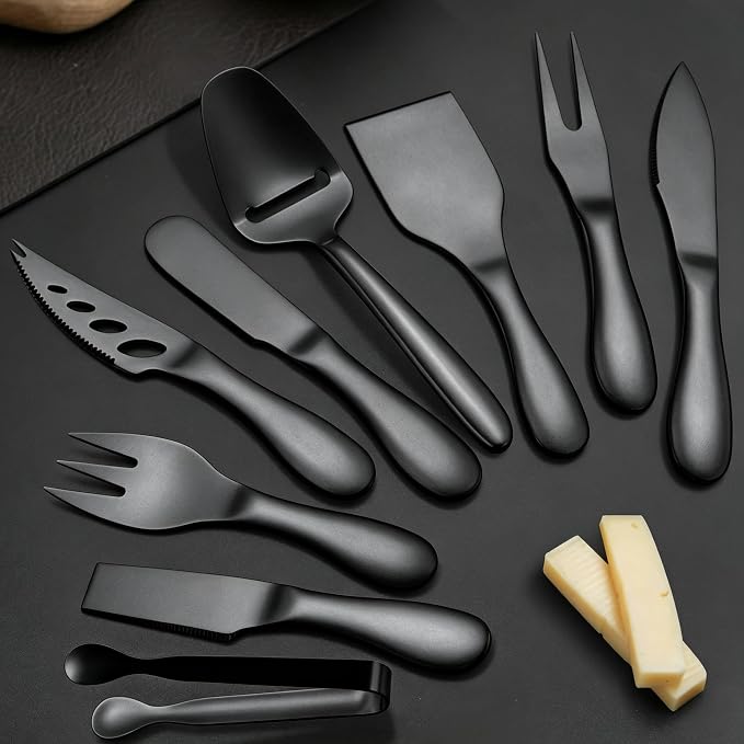 Premium Stainless Steel Black Cheese Tool Set - 12 Piece Cheese Knife & Cheese Markers Gifts Set - Cut, Butter Spreader Slicer Mini Serving Tongs,Birthday Wedding Christmas All Your Favorite Cheeses
