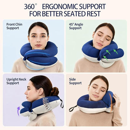 BUYUE Travel Neck Pillows for Airplanes, Memory Foam 360° Head Support Sleep for Long Flight, Skin-Friendly & Breathable, Kit with Eye Mask, Earplugs and Storage Bag (Adult, Navy, 90+ lbs)