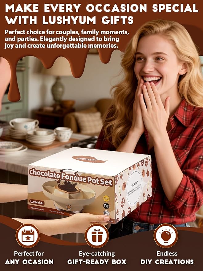 LUSHYUM Chocolate Fondue Pot Set Electric Melting Machine, 4-Cup Capacity 4 Trays 6 Forks 1 Spatula Cheese Warmer, Ideal Gift for Couple Family & Date Night Idea House Warming Holidays Essentials