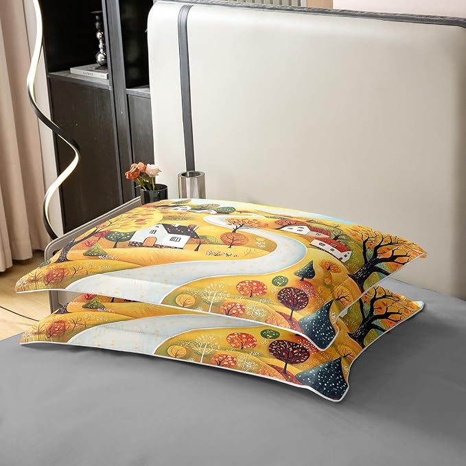 Autumn Rustic Farmhouse 100% Nature Cotton Bedding Set (No Filler) Twin Size Cartoon Landscape Painting Duvet Cover with 1 Pillow Sham Maple Leaves Tree Comforter Cover Set 2 Pcs