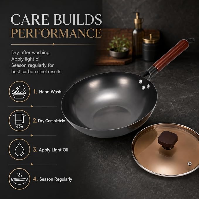 Calmabode 13” Large Flat Bottom Carbon Steel Wok with Glass Lid | Large deep wok, pre-seasoned nitrided carbon steel, amber glass lid, ideal for big family stir-fry, frying and hearty meals