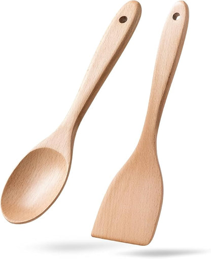 2pcs Wooden Spatula Spoon for Cooking, Thicker 12inch Coated Beech Wood Turners for Frying, Non-Scratch Flat Spurtle for Pan & Wok, Cooking Utensils for Non Stick Cookware, Long Handle Scraper