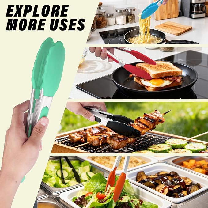 Silicone Salad Tongs, 9 Inch, Pistachio Color | 304 Stainless Steel Core, Non-Slip Grip, For Grilling Salad