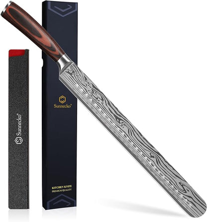 Sunnecko 12 Inch Carving Knife,Ultra Sharp High Carbon German Stainless Steel Brisket Slicing Knife for BBQ, Roasts, Turkey
