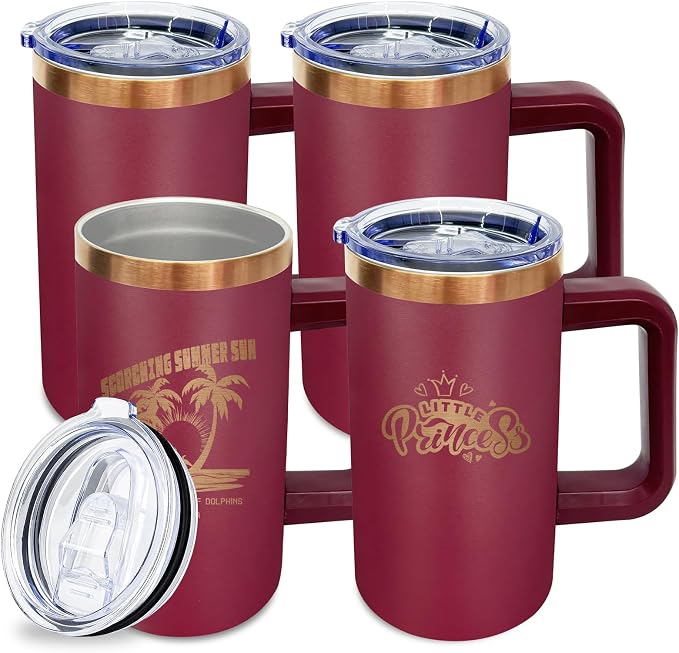 20 oz Insulated Coffee Mug with Lid, Stainless Steel Coffee Tumbler Bulk, Double Wall Vacuum Travel Mug with Handle, Leakproof Powder Coated Coffee Cups for Hot and Cold Drinks (Red,4 pack)