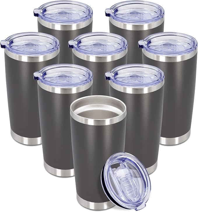 20 oz Tumbler Coffee Travel Tumblers Bulk with Lid Stainless Steel Double Wall Vacuum Insulated Mug Powder Coated Cups fit Car Cupholder for Hot and Cold - Grey, 8Pack