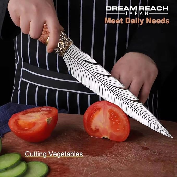 Dream Reach Feather Viking Knife – Hand-Forged Boning Knife with Sheath, 7" High Carbon Steel Butcher Tool for Meat Cutting, Camping BBQ Gifts for Men Women