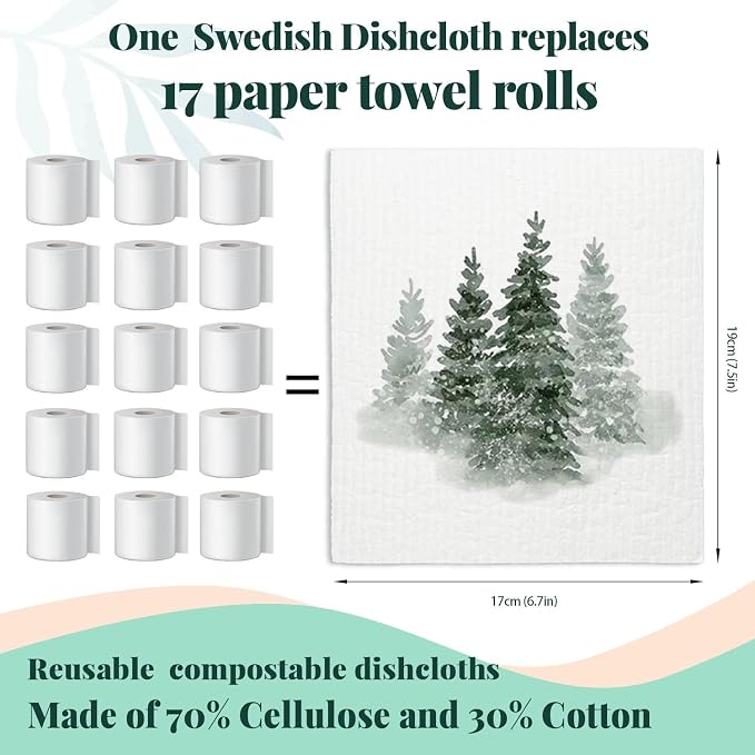 Christmas Pine Tree Winter Swedish Dishcloths for Kitchen, Swedish Dish Cloths for Christmas Tree, Papaya Reusable Paper Towels, 4 Pack Dish Towels for kitchen, Reusable Paper Towels Washable