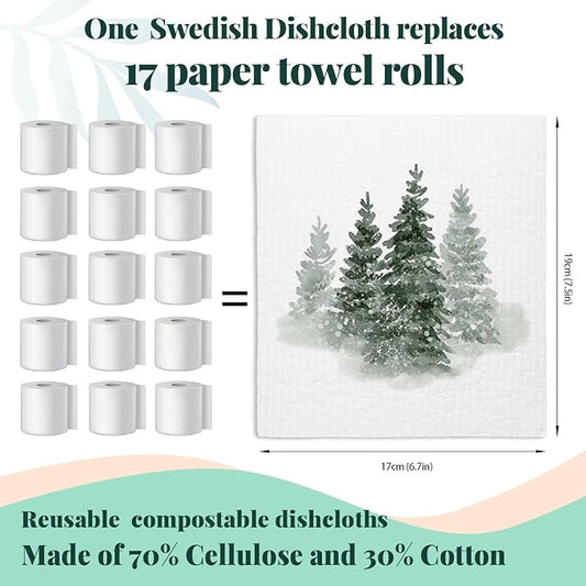 Christmas Pine Tree Winter Swedish Dishcloths for Kitchen, Swedish Dish Cloths for Christmas Tree, Papaya Reusable Paper Towels, 4 Pack Dish Towels for kitchen, Reusable Paper Towels Washable
