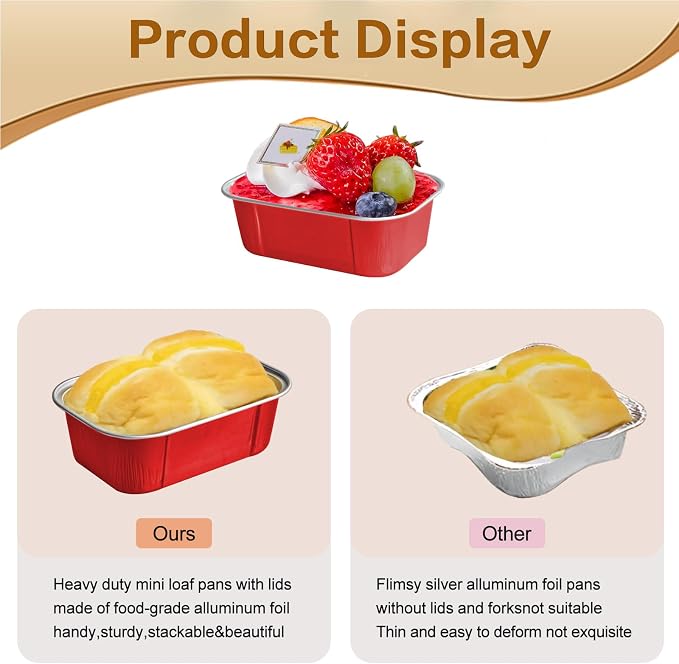 mini loaf pans with lids and spoons 50 Pack,5.5 oz Rectangle mini individual cake tins Disposable Small Aluminum Foil Baking pans(50, Red)