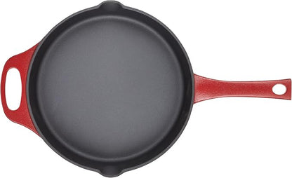 Rachael Ray NITRO Cast Iron Frying Pan/Skillet with Helper Handle and Pour Spouts, 10 Inch, Red