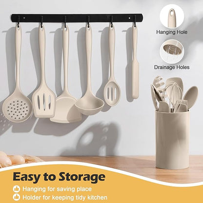 Homikit 15-Piece Kitchen Cooking Utensils Set with Holder, Heat Resistant Food Grade Silicone Kitchen Utensils include Slotted Spatula Ladle Turner for Nonstick Cookware, Dishwasher Safe- Khaki