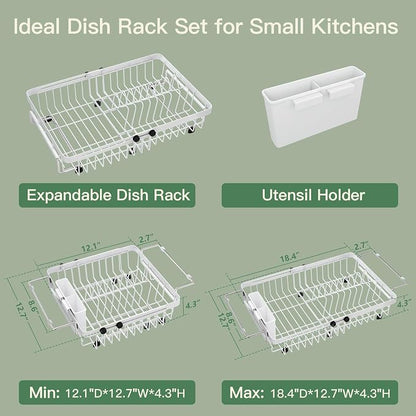 MAJALiS White Dish Drying Rack Over The Sink, Expandable Stainless Steel Dish Drainer for Small Kitchen Counter Space Saving, RV Compact Plate Strainer in Metal with Hanging Adjustable Utensil Holder
